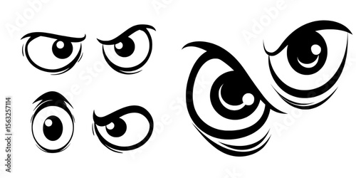 A set of isolated modern illustration icons featuring comic facial character caricatures and human eye emotions doodles, including angry and happy facial eyes expressions, as well as funny cartoon