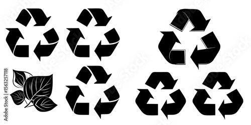 The icon set is comprised of three green recycling symbols on a white background, embodying the concepts of biodegradability, compostability, recyclability, zero waste, nature protection,