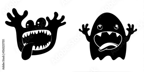 A monster icon set with a colorful silhouette design includes cartoonish faces, eyes, tongues, and teeth on a white background