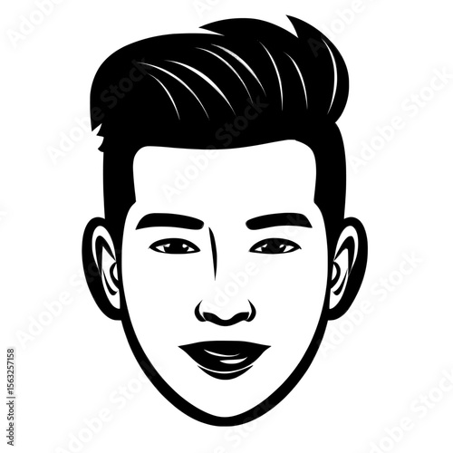 Modern hairstyle illustration featuring a flat, tiny male face representing fashion concepts