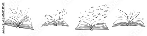 Modern illustration of a continuous one line drawing featuring an open book with flying pages is a back to school education supplies theme