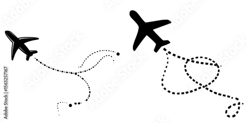 A dotted line signifies the airplane's path, complemented by a dashed line from the starting point