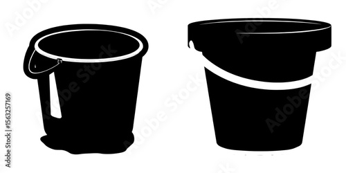 Flat cartoon illustration of a red plastic bucket featuring a yellow handle and a pail container