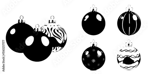 Christmas balls in realistic red, black, gold, and silver hues are isolated on a white background