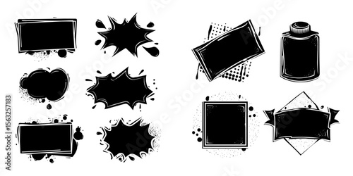 This modern isolated illustration consists of hand-drawn spray paint frames and text banners, an airbrush ink dot box, and a grunge background, all combined to create a unique visual effect