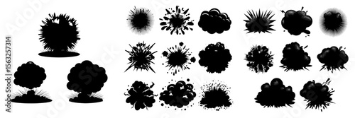 The visual representation includes a radial explosion silhouette, along with round explosions, a cloud of explosions, and black silhouettes of exploded bombs, plus an explosion burst of dust from