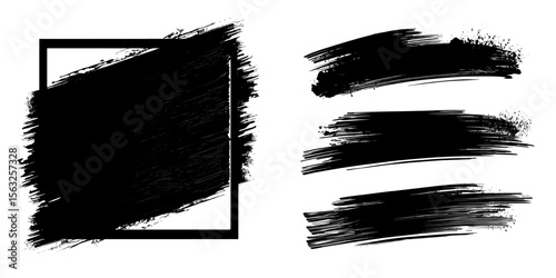 The isolated modern set includes grunge brushes with black paint strokes and an ink paintbrush texture that create a brushstroke stain in grungy drawing frame borders
