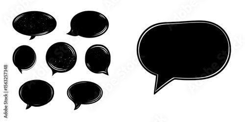 A modern set of flat colorful bubble speech is shown, including banners, price tags, stickers, posters, and badges, all isolated on a white background