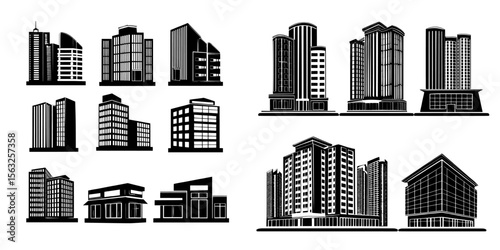 A collection of city buildings is isolated to form a contemporary urban landscape, suitable for infographic design in a flat style, featuring a business office, houses, and a shopping center with