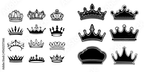 Doodled royal crowns, comprising line art king or queen crown sketches, tiaras for fellow crowned heads, beautiful diadems, and luxurious decals, make up a modern illustration set of linear royal