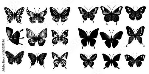 Butterflies are the focus of this set of design elements, which boasts a modern vintage classic illustration aesthetic in black and white