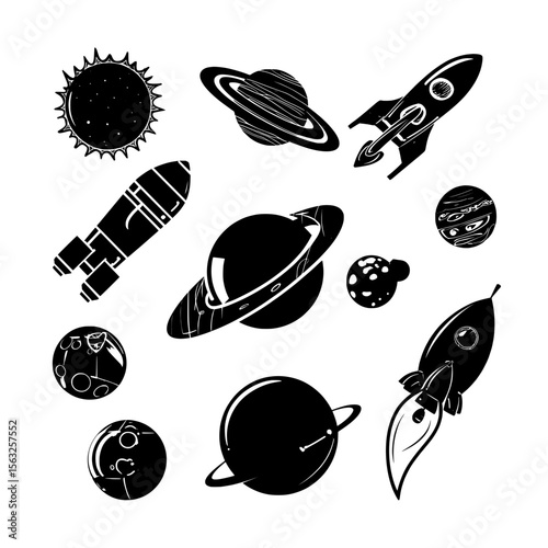 This modern illustration set showcases monochrome celestial bodies, spacecraft, and astronomy symbols, all presented as hand-drawn doodles of space and astrology