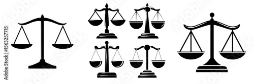 The icons set is comprised of scales, including a law scale icon and a modern scales icon, all representing justice
