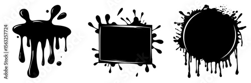 A modern set is defined by its grunge ink splatter, splash of paints, and spray drops that stain and leave wet paint drop traces on the frame