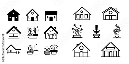 Abstract logo design templates with a modern twist, presented in a simple linear style, incorporate elements of cozy homes, such as houses and plants, ideal for use in social media stories and posts