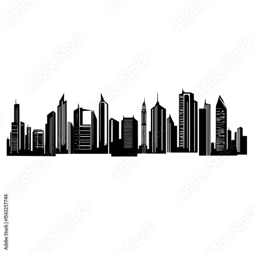 A continuous line drawing presents a modern cityscape, highlighting metropolitan architecture within a panoramic view, including the silhouetted skyscrapers of New York and minimalistically