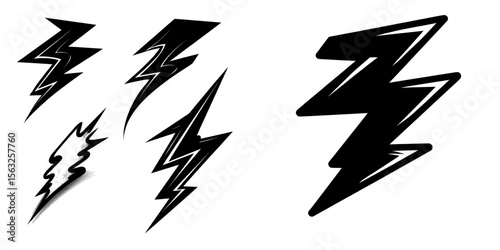 Modern illustration of a thunderbolt and lightning flash icon set, isolated on a transparent background, represents an abstract concept of a dangerous electric symbol through creative art design