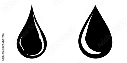 The shape of a water drop is featured in a collection of blue water drops, with the possibility of it being either water or oil, presented in a flat style on a white background for modern stock