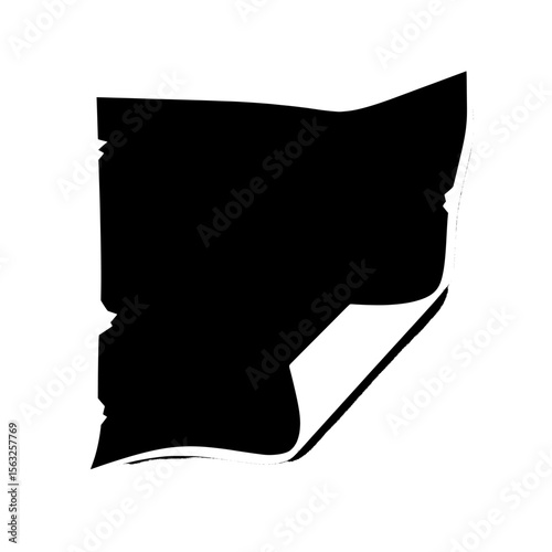 The modern illustration depicts a piece of torn black paper in a horizontal position with a soft shadow stuck to a white background with a squared pattern