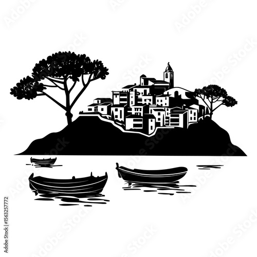 The Mediterranean landscape is characterized by a white town, a charming Spanish coastal village complete with fishing boats and pine trees, all illustrated in a modern flat style