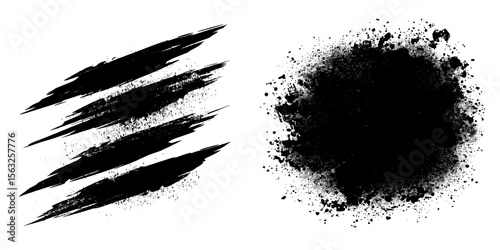A collection of distressed black textures is featured, including a dark grainy texture on a white background, a dust overlay with texture, grain noise particles, a rusted white effect, and grunge