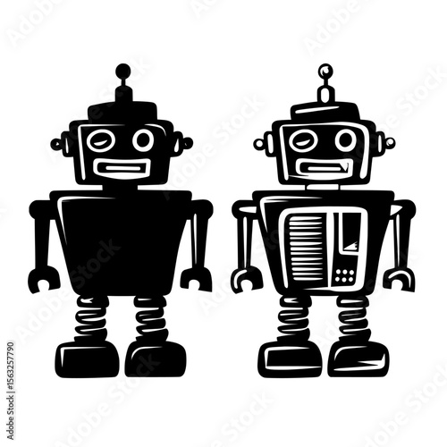 The robots icon is depicted in various styles including filled, thin line, outline and stroke, and is part of modern illustration of two colored and black robots modern icons designs for mobile, ui