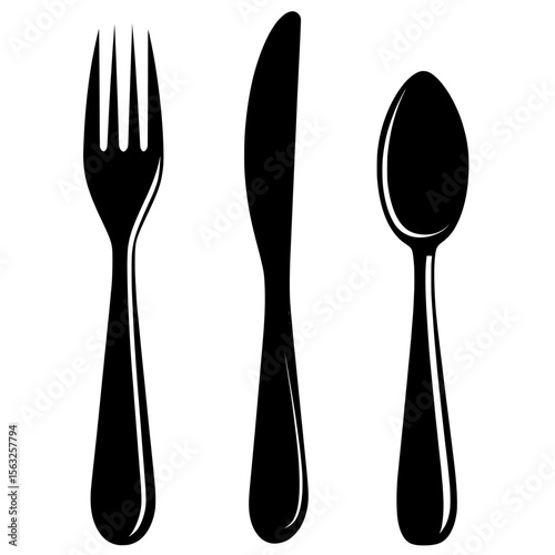 A set consisting of a fork, knife, and spoon, accompanied by a logotype menu, all presented in a flat style, featuring the silhouette of cutlery, and characterized as a modern illustration