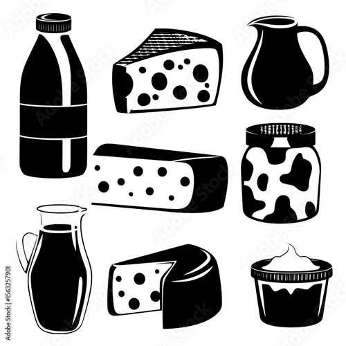 The set consists of traditional farm products like milk, cheese, yogurt, butter, sour cream, cottage cheese, cream, and curd, all isolated on a blue background