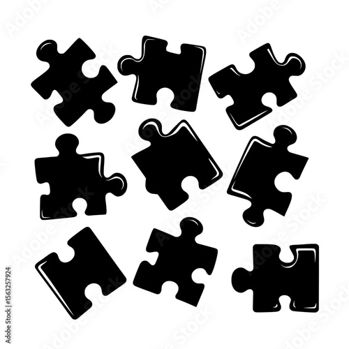 This modern image features a modern set of separate puzzle pieces with variable line thickness, set against a transparent background