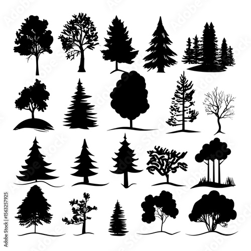 A collection of modern illustrations including tree and forest silhouettes for creating personalized nature scenes with various wilderness objects