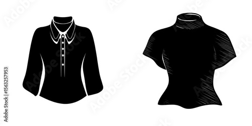 Elegant women's fashion top flat sketch featuring a blouse with a stand collar and apparel template