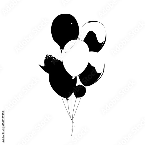 On a transparent background, a set of modern and realistic gold, silver, white, golden, and black 3D helium balloons is isolated, providing a festive template for designing anniversary and birthday