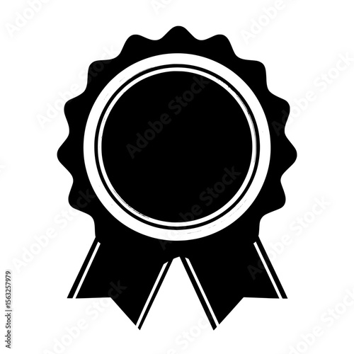 A modern flat cartoon design icon of a medal award rosette, comprising a golden and blue medallion and an achievement ribbon symbol, presented as a blank empty template clipart