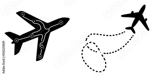 An airplane line path icon depicts a modern illustration of air plane flight route with line trace isolated on white background