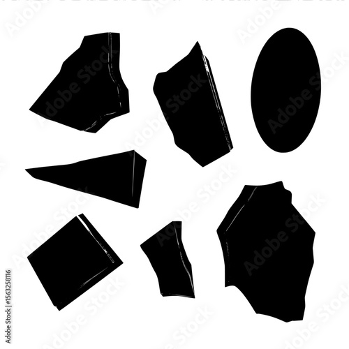 A grayscale gradient collection of shapes, including a triangle, hexagon, ellipse, rectangle, and rhombus, is illustrated in a modern style, exploding flat and isolated on a white background