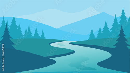 Serene Blue Mountain River Landscape:  Tranquil Stream Winding Through Evergreen Forest, Minimalist Style, Peaceful Mood, Vector Illustration.