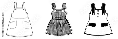 The template for a Baby Girls Woven Pinafore features a fashion flat sketch, along with a technical fashion illustration of a kids jumper dress, complete with front pockets and button details, as