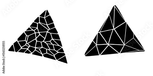 A seamless pattern of abstract geometric triangles and polygons is presented on a modern black and white background with an irregular linear grid