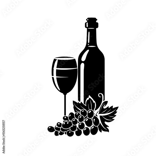 Draw a continuous line to sketch the still life decor that includes a wine glass, a bottle of wine, and grapes