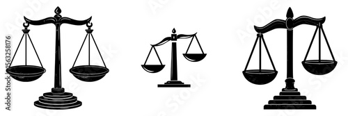 A scale icon is featured, accompanied by a set of flat justice scales, a vintage scale representing balance and equilibrium, and a modern justice scales design collection