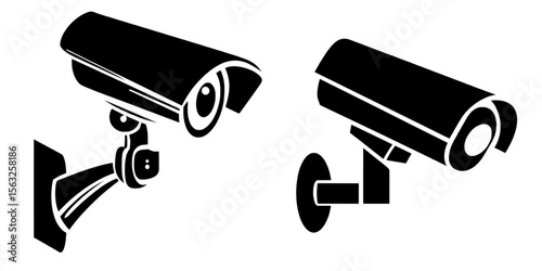 Modern icon illustration of a security camera in black and white CCTV design is shown