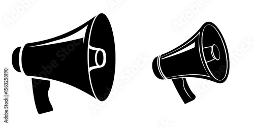 A megaphone symbol, represented in a modern flat style, signifies loudspeaker, speaker, or bullhorn alert for business and advertising purposes