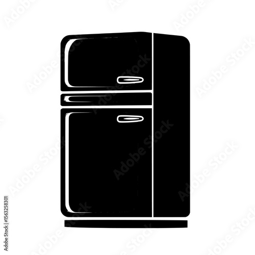 A modern, blue, two-compartment refrigerator and freezer, designed for food storage, are presented as flat style icons and isolated on a white background, symbolizing kitchen appliances