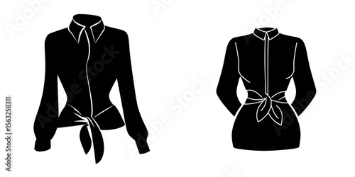 Modern illustration of a formal pant and blouse with a knotted waist and bishop sleeve, featuring a narrow collar, for women, in a flat sketch style