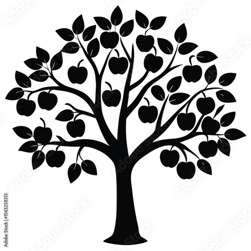 Silhouette of apple tree laden with ripe fruit and leaves black