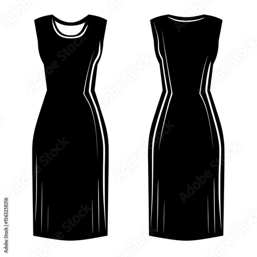 A modern fashion illustration of a sleeveless shift dress for women is shown in A-line style with views from the front and back