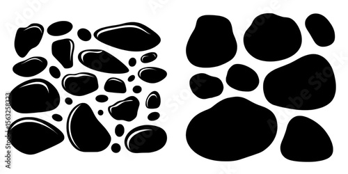 Cartoon flat illustration featuring natural wall stones, smooth grey rocks, and cobblestone, typical of forests, mountains, and caves