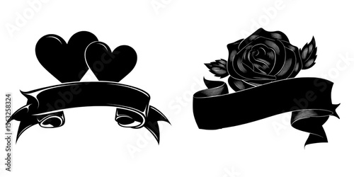In loving memory of those who are forever in our hearts, a text and black ribbon sign roll and wave around a white banner on a rose texture background with a modern design