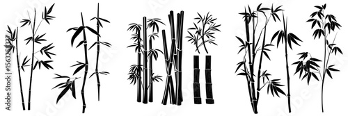 Modern illustration featuring a set of bamboo in silhouette form against a white backdrop, complete with black stems, branches, and leaves