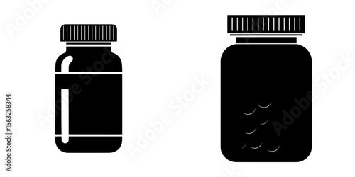 A medical container in the form of a jar or bottle is illustrated in a modern flat style for holding pills and medicine, set against a white background